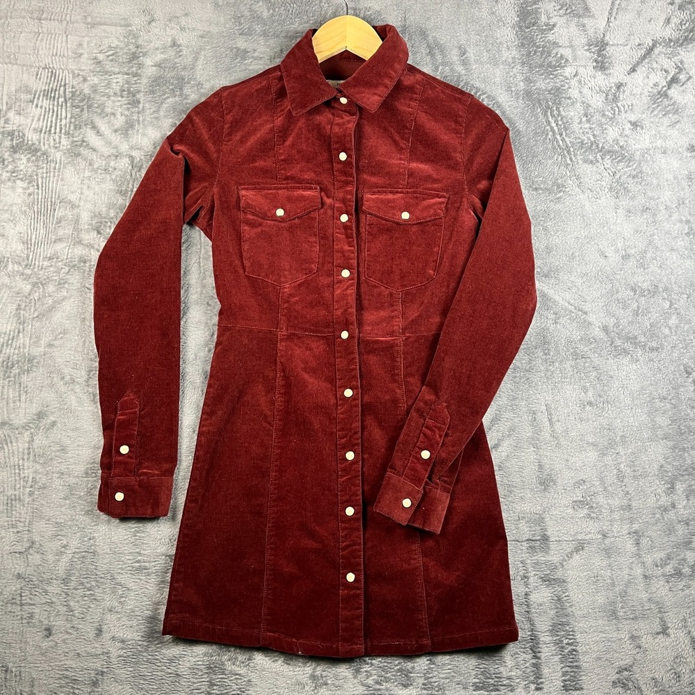 Forever 21 Shirt Dress Womens Small Burgundy Corduroy Long Sleeve Snap Front - Picture 2 of 16